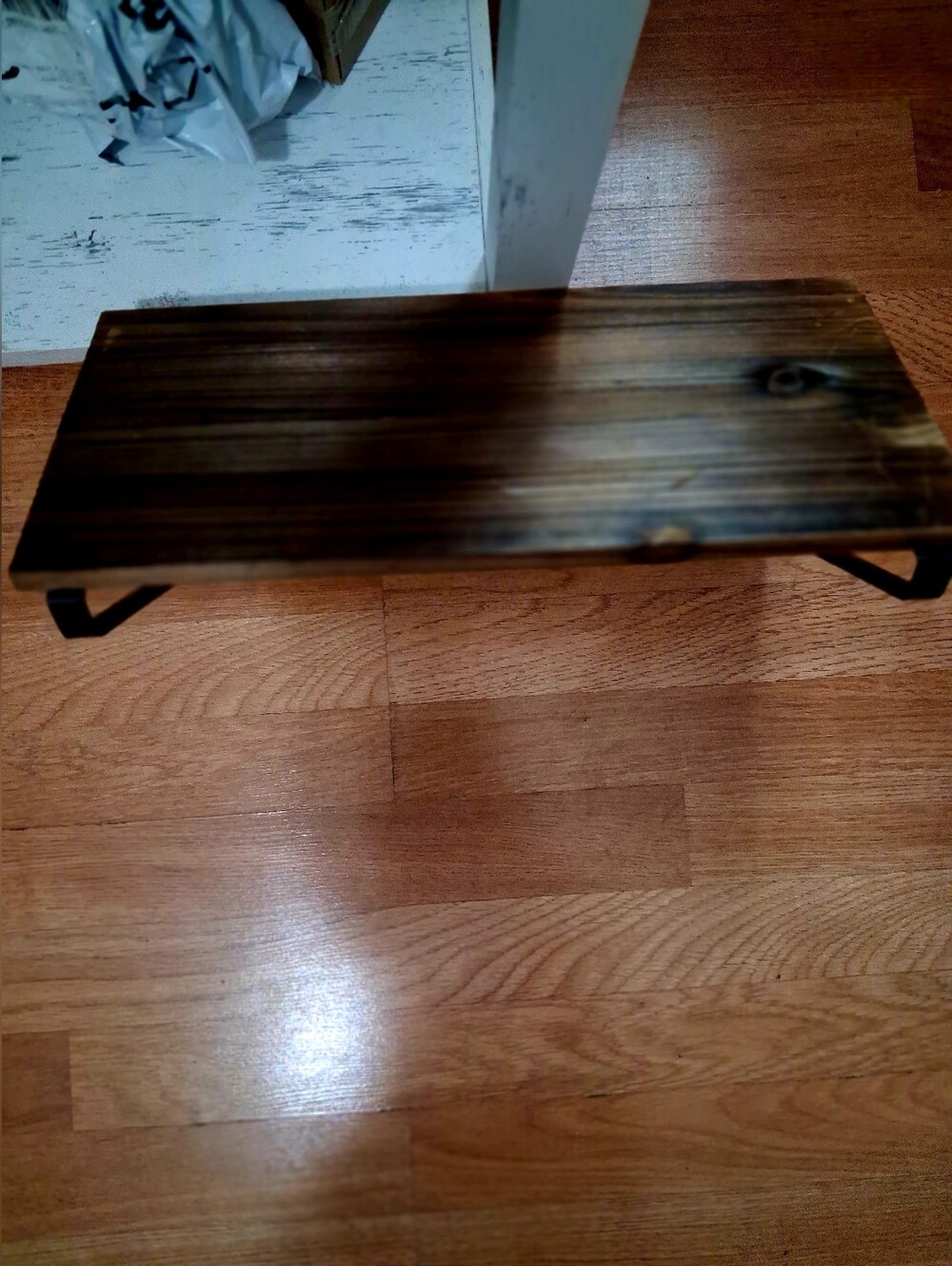 Rustic Wood Shelf with Black Metal Brackets - Dark Brown